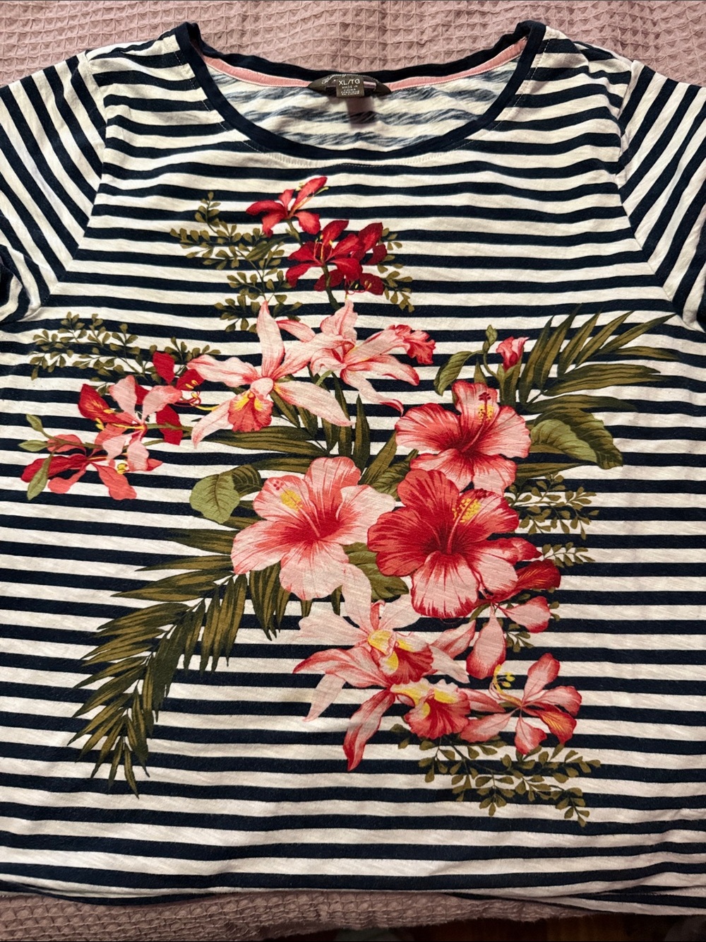 Tommy Bahama Navy & White Striped Tee with Red Floral Print